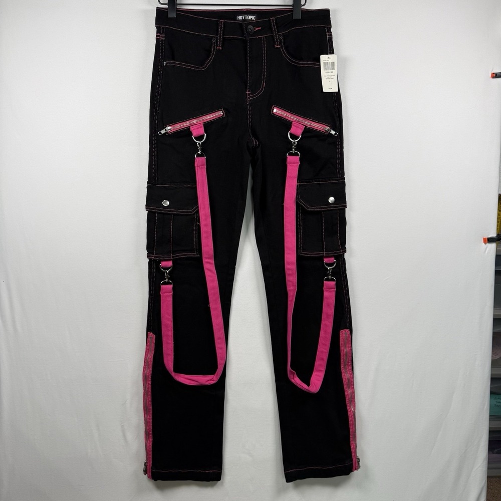 Hot Topic Suspender Girls Cargo Pants Goth Grunge Black Pink Flared Size 5 New
